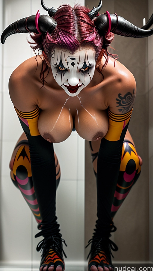 ai nude image of araffe with horns and a face paint is posing for a picture pics of Perfect Boobs Pubic Hair Tanned Skin Pink Hair French Close-up View Clown Futuristicbot V2 Huge Tits, Hard Nipples Succubus Shower Squatting