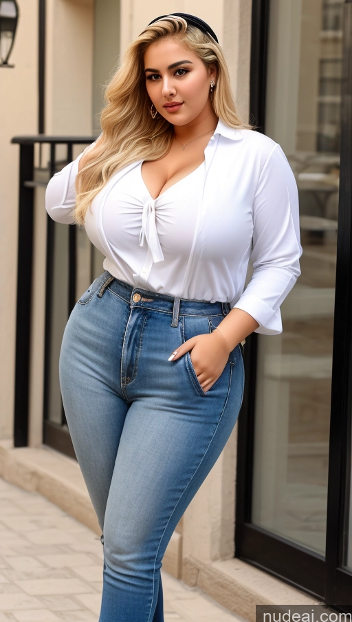 ai nude image of araffe woman in a white shirt and jeans posing for a picture pics of 18 Arabic Blonde Slicked Chubby Busty Short Big Hips Big Ass Casual