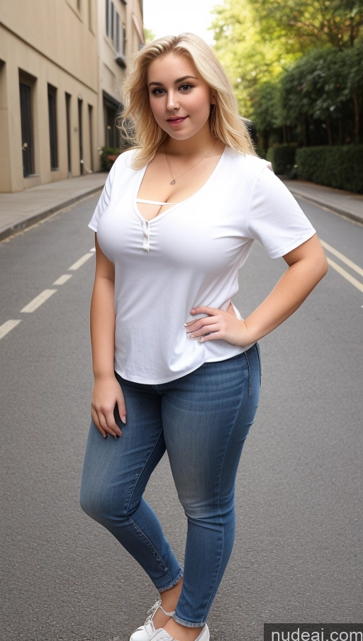 ai nude image of araffe woman in white shirt and jeans standing on street with her hands on her hips pics of 18 Blonde Slicked Busty Short Big Hips Big Ass Detailed White Casual Fat