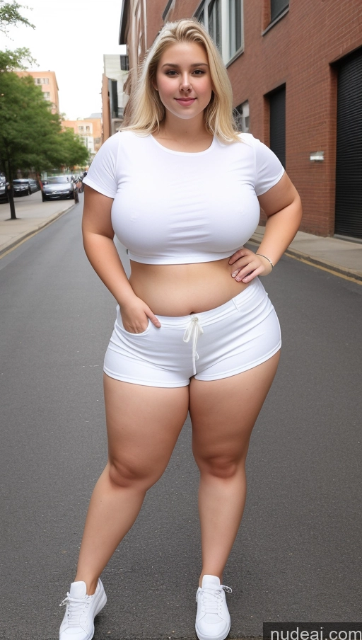 ai nude image of araffe woman in white shorts and white sneakers posing for a picture pics of 18 Blonde Slicked Short Big Hips Big Ass Detailed White Casual Fat Huge Boobs