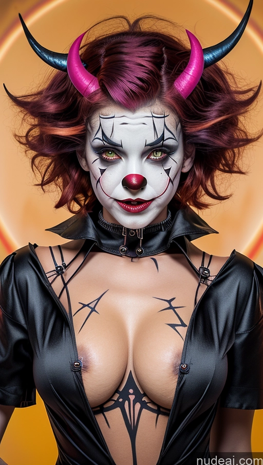 ai nude image of arafed woman in a black dress with horns and a red nose pics of Perfect Boobs Pubic Hair Tanned Skin Pink Hair French Close-up View Clown Futuristicbot V2 Huge Tits, Hard Nipples Succubus