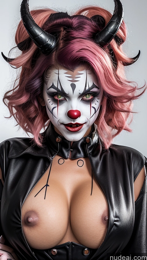 ai nude image of arafed woman in a black leather outfit with horns and a pink hair pics of Perfect Boobs Pubic Hair Tanned Skin Pink Hair French Close-up View Clown Futuristicbot V2 Huge Tits, Hard Nipples Succubus