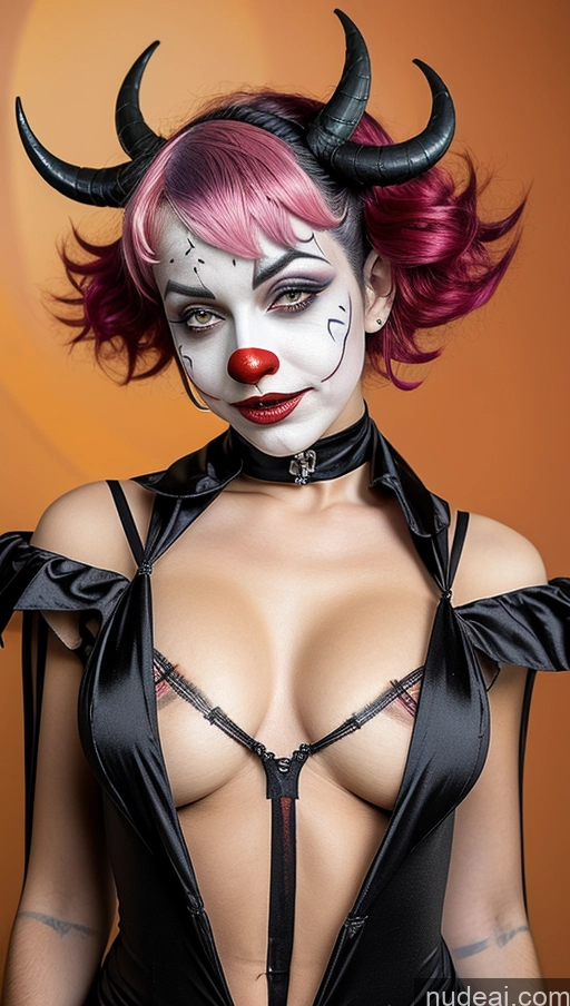 ai nude image of araffe woman with pink hair and makeup wearing a devil costume pics of Perfect Boobs Pubic Hair Tanned Skin Pink Hair French Close-up View Clown Futuristicbot V2 Huge Tits, Hard Nipples Succubus Pixie