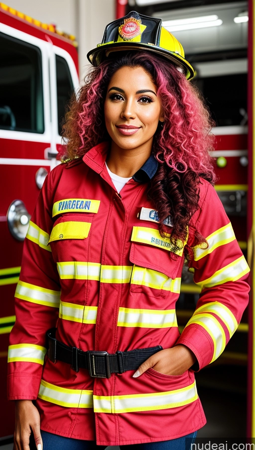 ai nude image of arafed woman in a firefighter's uniform standing in front of a fire truck pics of Woman Perfect Boobs Big Ass Tanned Skin 20s Pink Hair Curly Hair Brazilian Firefighter