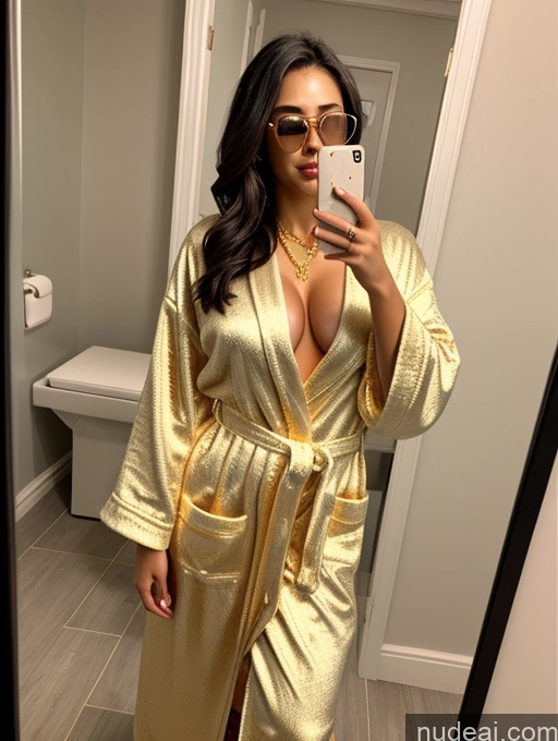 ai nude image of woman in a gold robe taking a selfie in a bathroom mirror pics of Model One Busty Perfect Boobs Beautiful Sunglasses 18 Orgasm Sexy Face Black Hair Long Hair Asian Mirror Selfie Bathroom Front View Bathrobe Dark Lighting Gold Jewelry