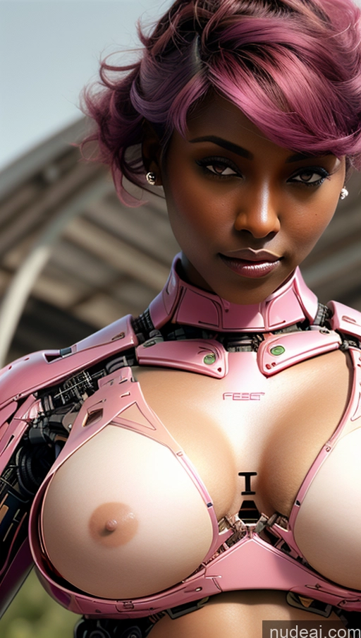 ai nude image of a close up of a woman in a pink outfit with a gun pics of Busty Pubic Hair Tanned Skin Dark Skin Pink Hair French Close-up View Crop Top Futuristicbot V2 Phoenixdress Huge Tits, Hard Nipples