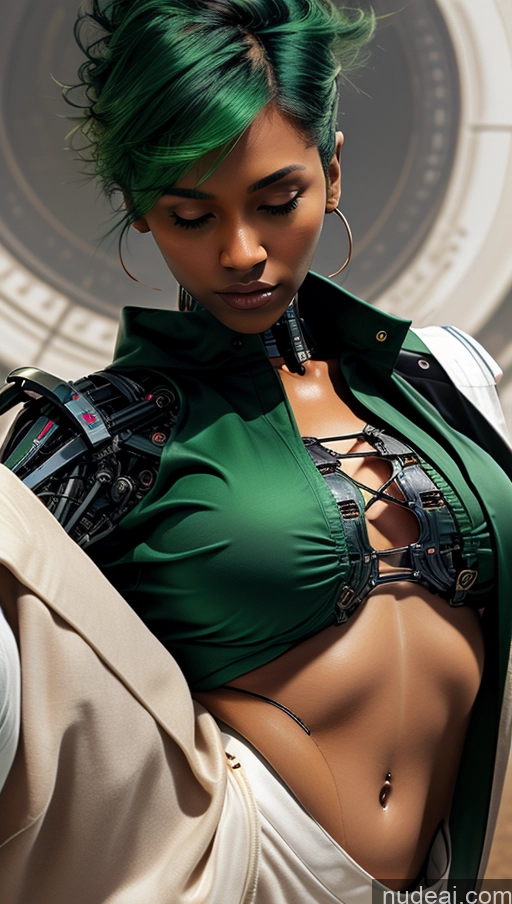 ai nude image of there is a woman with green hair and a green jacket pics of Busty Pubic Hair Tanned Skin Dark Skin French Close-up View Crop Top Futuristicbot V2 Phoenixdress Huge Tits, Hard Nipples Green Hair