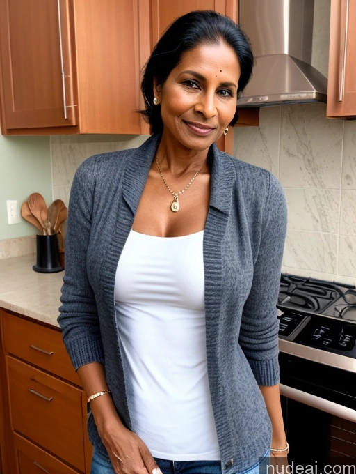 ai nude image of smiling woman in a kitchen with a stove and cabinets pics of Milf Two Perfect Boobs Perfect Body Dark Skin 70s Indian Kitchen Jacket Jeans Casual Stylish Secretary Professor Topless Detailed Sweater