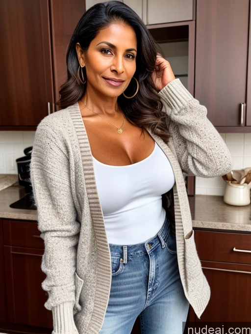 ai nude image of arafed woman in a white tank top and jeans posing in a kitchen pics of Milf Two Perfect Boobs Perfect Body Dark Skin 70s Indian Kitchen Jacket Jeans Casual Stylish Secretary Professor Topless Detailed Sweater