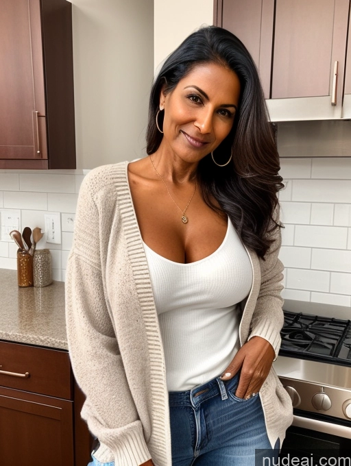 ai nude image of arafed woman in a white top and jeans standing in a kitchen pics of Milf Two Perfect Boobs Perfect Body Dark Skin 70s Indian Kitchen Jacket Jeans Casual Stylish Secretary Professor Topless Detailed Sweater