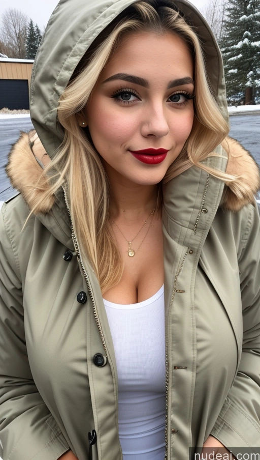 ai nude image of blonde woman in a parka with a hood on pics of 18 Blonde Slicked Busty Egyptian Parka Lipstick