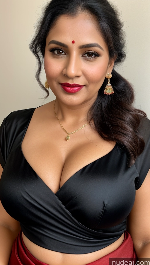 ai nude image of a close up of a woman in a black top and red skirt pics of Woman One Perfect Boobs Beautiful Lipstick Thick 40s Black Hair Ponytail Indian Close-up View Busty Blouse Sari Cleavage