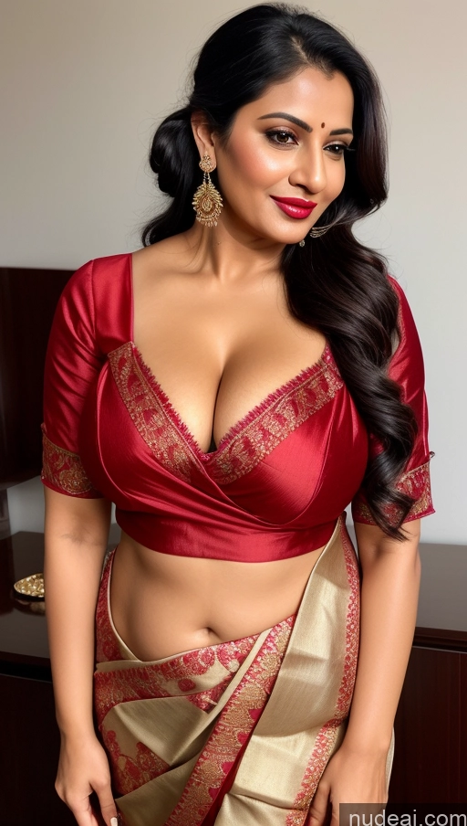 ai nude image of sexy indian woman in sari sari posing for the camera pics of Woman One Perfect Boobs Lipstick Thick 40s Black Hair Ponytail Indian Busty Blouse Sari Cleavage Detailed Beautiful