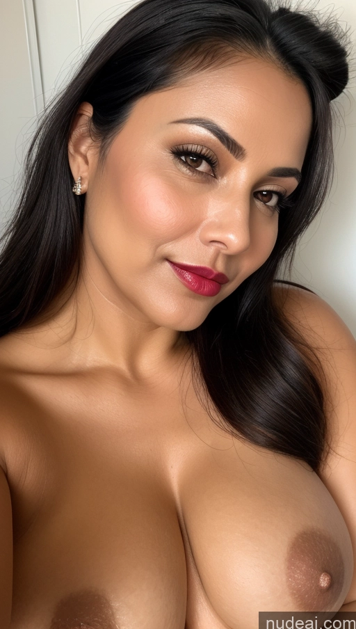 ai nude image of a close up of a woman with a big breast posing for a picture pics of Woman One Perfect Boobs Lipstick Thick 40s Black Hair Ponytail Indian Busty Detailed Beautiful Close-up View