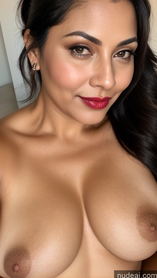 ai nude image of a close up of a woman with a big breast posing for a picture pics of Woman One Perfect Boobs Lipstick Thick 40s Black Hair Ponytail Indian Busty Detailed Beautiful Close-up View