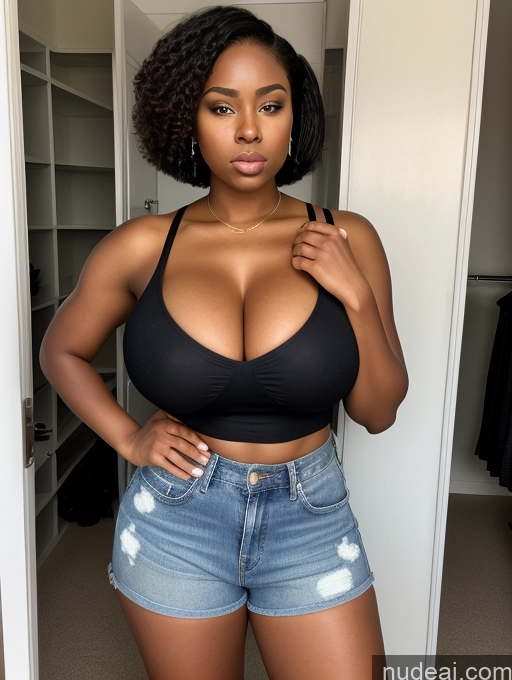 ai nude image of araffed woman in a black bra top and denim shorts posing for a picture pics of One Huge Boobs Big Ass Big Hips Thick Tanned Skin 40s Seductive Angry Black Hair Short Hair African Daisy Dukes Changing Room