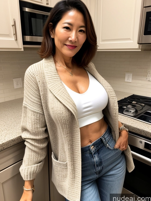 ai nude image of arafed woman in a white top and jeans standing in a kitchen pics of Milf Two Perfect Boobs Perfect Body 70s Kitchen Jacket Jeans Casual Stylish Secretary Professor Topless Detailed Sweater Korean