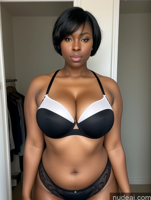 ai nude image of there is a woman in a black and white bikini posing for a picture pics of One Big Ass Big Hips Thick 40s Seductive Angry Black Hair Short Hair African Changing Room Busty Long Legs Chubby Perfect Body Fairer Skin Bomber Thong