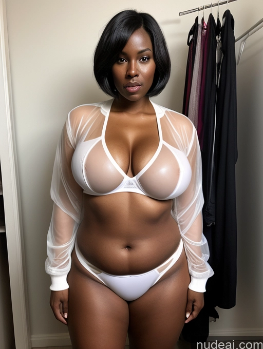 ai nude image of there is a woman in a white bra top and panties posing for a picture pics of One Big Ass Big Hips Thick 40s Seductive Angry Black Hair Short Hair African Changing Room Busty Long Legs Chubby Perfect Body Fairer Skin Bomber Thong Transparent