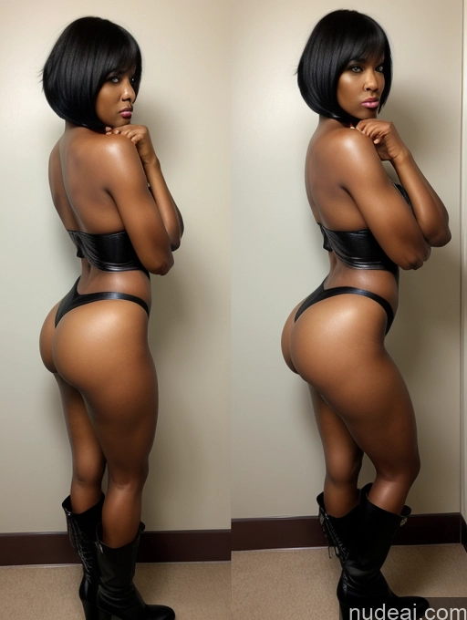 ai nude image of there is a woman in a black leather outfit posing for a picture pics of One 40s Seductive Angry Black Hair Short Hair Long Legs Black Big Ass Miss Universe Model Thick Big Hips Huge Boobs Boots Side View