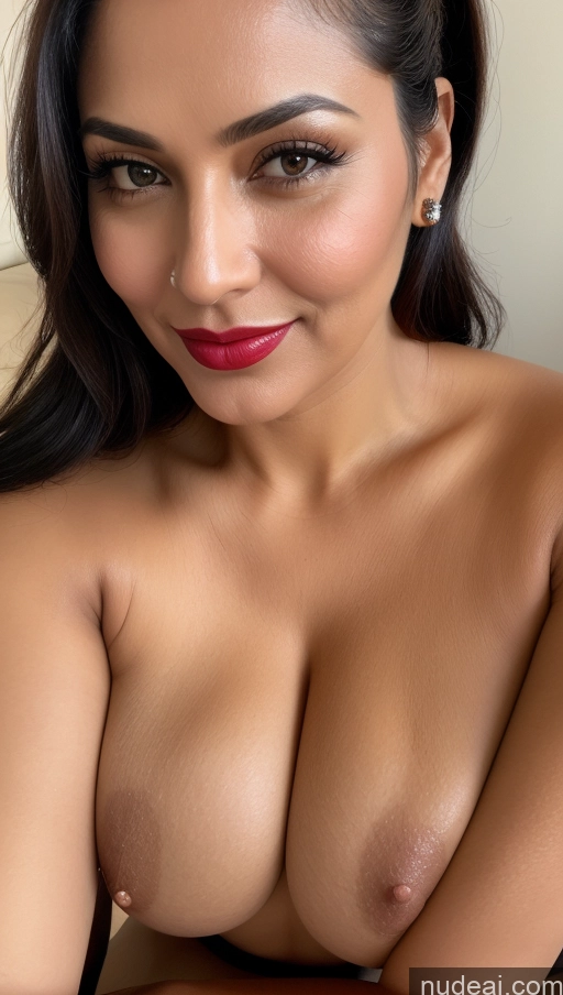 ai nude image of arafed woman with big breast posing for a picture pics of Woman One Busty Perfect Boobs Beautiful Lipstick Thick 40s Black Hair Ponytail Indian Close-up View