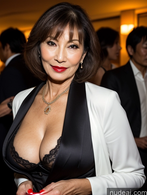 ai nude image of there is a woman in a black dress and a white blazer pics of Milf Perfect Boobs Perfect Body Beautiful Lipstick Small Tits 70s Sexy Face Seductive Japanese Party Blouse Jacket Suit Stylish Secretary Professor Cleavage Dark Lighting Detailed Bobcut