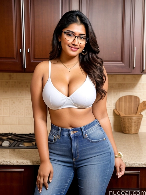 ai nude image of araffed woman in a white bra top and jeans posing in a kitchen pics of Perfect Boobs Glasses Beautiful Big Ass 18 Indian Kitchen Traditional Detailed Jeans Casual