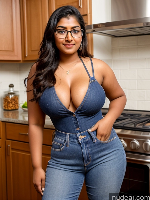 ai nude image of araffed woman in a blue top and jeans posing in a kitchen pics of Perfect Boobs Glasses Beautiful Big Ass 18 Indian Kitchen Traditional Detailed Jeans Casual