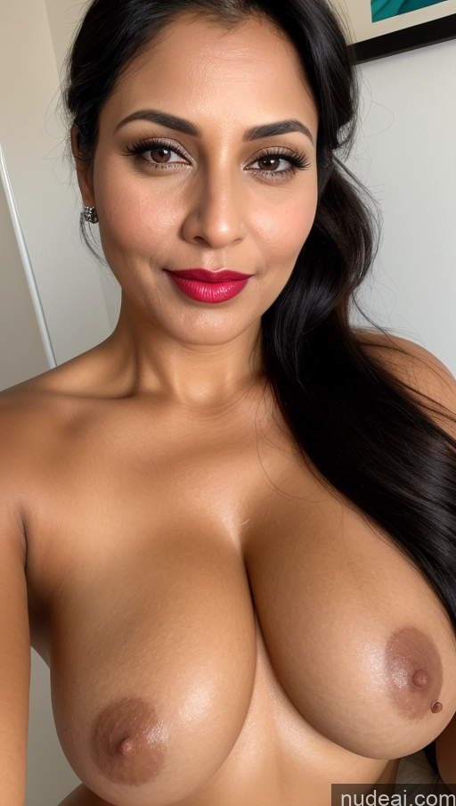 ai nude image of a close up of a woman with a big breast posing for a picture pics of Woman One Busty Perfect Boobs Beautiful Lipstick Thick 40s Black Hair Ponytail Indian Close-up View