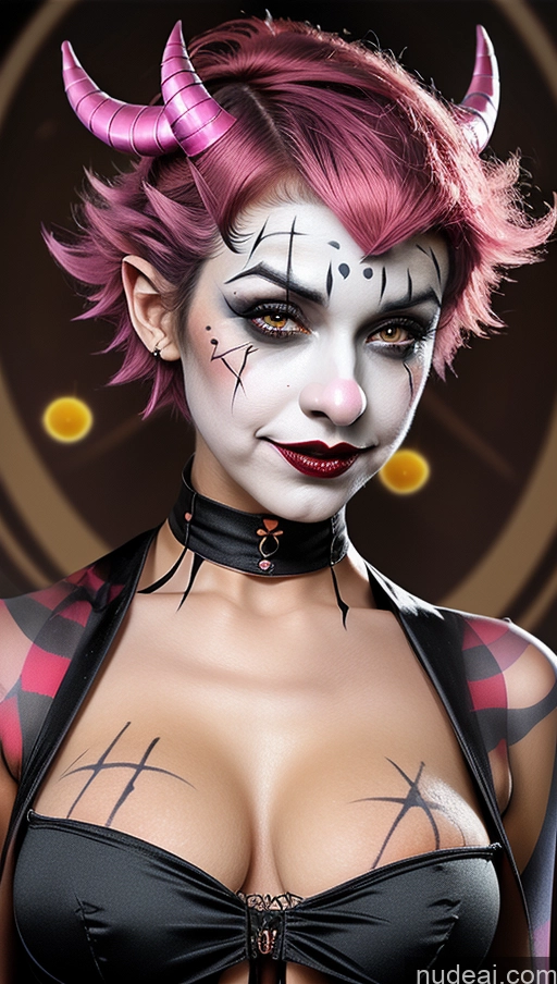 ai nude image of arafed woman with pink hair and horns and makeup pics of Perfect Boobs Pubic Hair Tanned Skin Pink Hair Pixie French Close-up View Clown Futuristicbot V2 Huge Tits, Hard Nipples Succubus