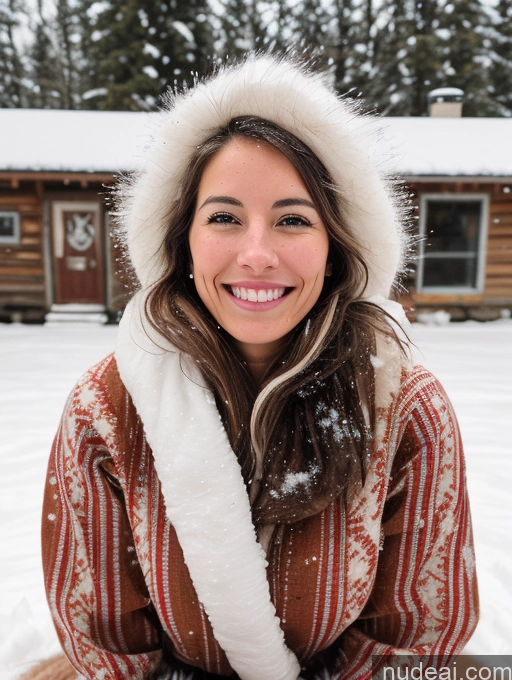 ai nude image of smiling woman in winter coat sitting in snow with cabin in background pics of Woman Native American Skinny Messy Pubic Hair Small Tits Traditional Happy 20s One Snow