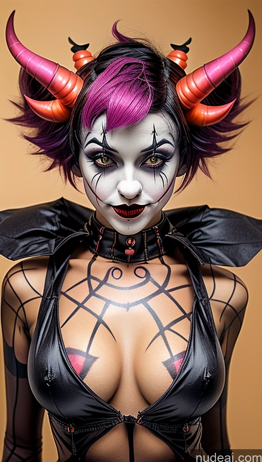 ai nude image of araffe woman with purple hair and horns on her head pics of Perfect Boobs Pubic Hair Tanned Skin Pink Hair Pixie French Close-up View Clown Futuristicbot V2 Huge Tits, Hard Nipples Succubus