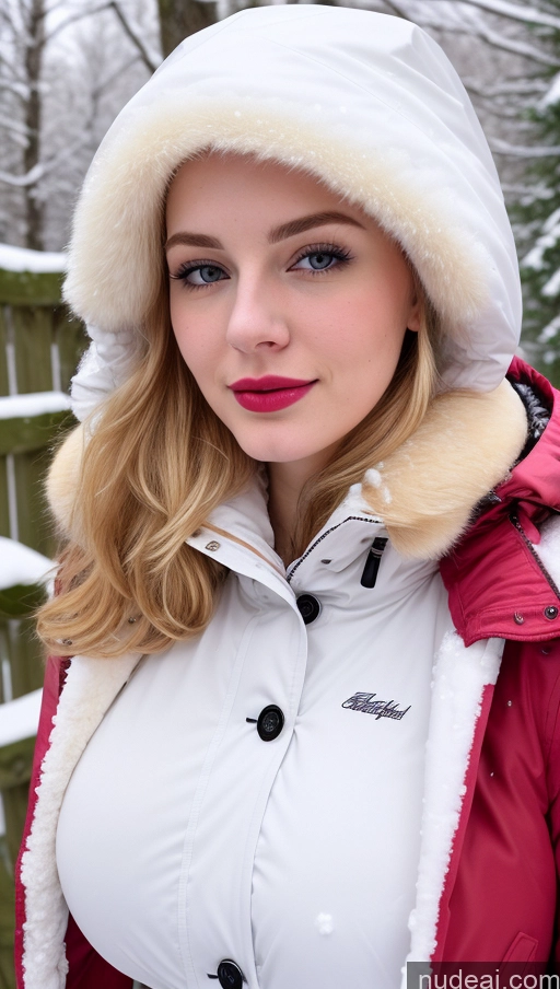 ai nude image of blond woman in a white and red jacket and a white hat pics of 18 Blonde Slicked Egyptian Parka Busty Fairer Skin Lipstick Close-up View Detailed Snow