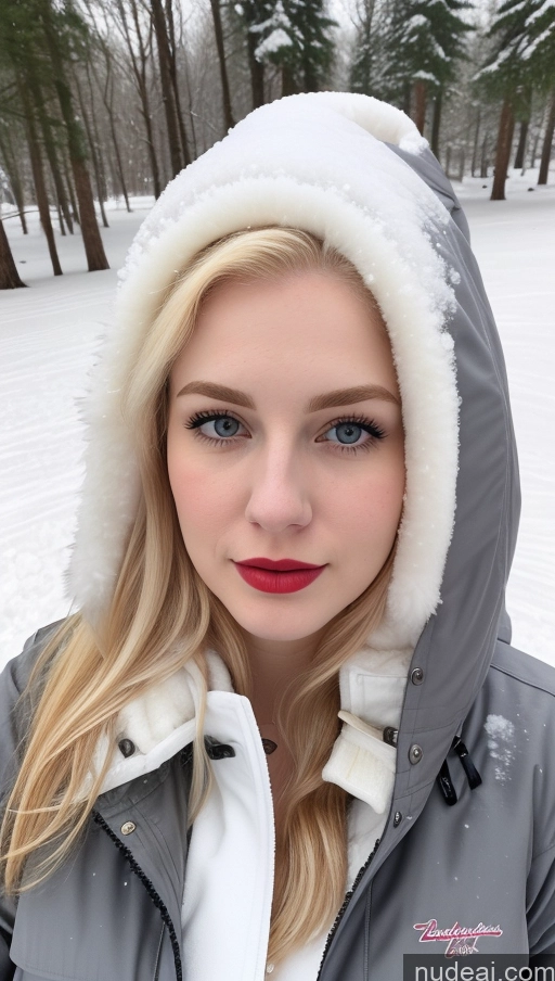 ai nude image of blond woman in a grey jacket and white hoodie posing for a picture pics of 18 Blonde Slicked Egyptian Parka Busty Fairer Skin Lipstick Close-up View Detailed Snow