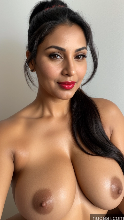 ai nude image of a close up of a woman with a big breast posing for a picture pics of Woman One Beautiful Lipstick Thick 40s Black Hair Indian Close-up View Perfect Boobs Busty Ponytail Simple