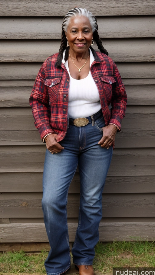 ai nude image of there is a woman standing in front of a wall wearing jeans and a plaid shirt pics of Milf Muscular Abs Dark Skin Braided 80s Pubic Hair Big Ass Black Lumberjack Jeans Jacket Western Traditional