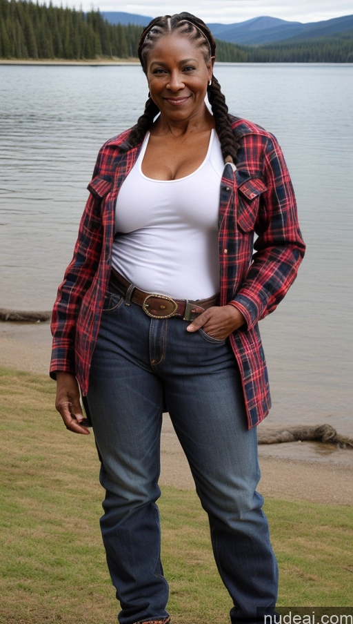 ai nude image of there is a woman standing on the grass by the water pics of Milf Muscular Abs Dark Skin Braided Pubic Hair Big Ass Black Lumberjack Jeans Jacket Western Traditional Thick Big Hips Partially Nude 70s Lake