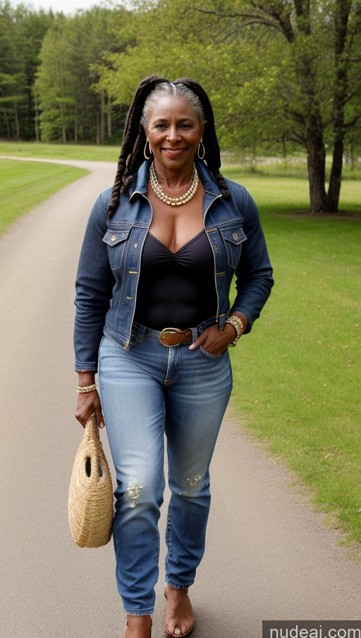 ai nude image of araffe woman in jeans and a denim jacket walking down a path pics of Milf Muscular Abs Dark Skin Braided Pubic Hair Big Ass Black Jeans Jacket Western Traditional Thick Big Hips 70s Lake Nude