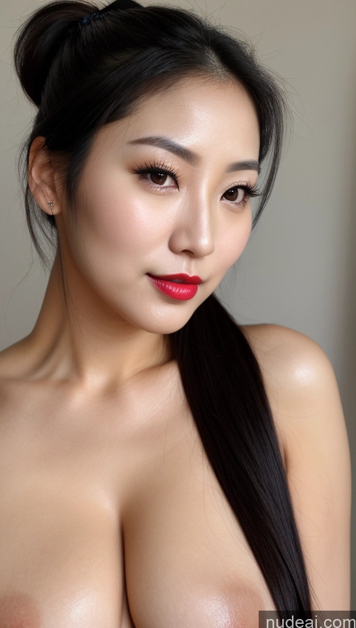 ai nude image of arafed asian woman with a very big breast posing for a picture pics of Woman One Busty Perfect Boobs Beautiful Lipstick Black Hair Ponytail Close-up View Detailed 30s Korean