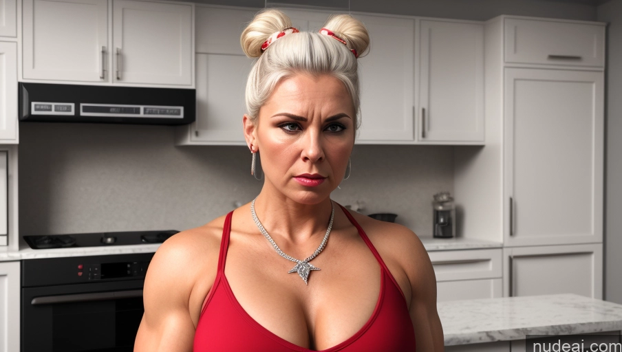 ai nude image of blond woman in red top with messy buns in kitchen pics of Bodybuilder Muscular Fat 80s Angry Kitchen Front View Diamond Jewelry Detailed White Hair Chubby Dominatrix Hair Bun Several Russian Working Out 3d