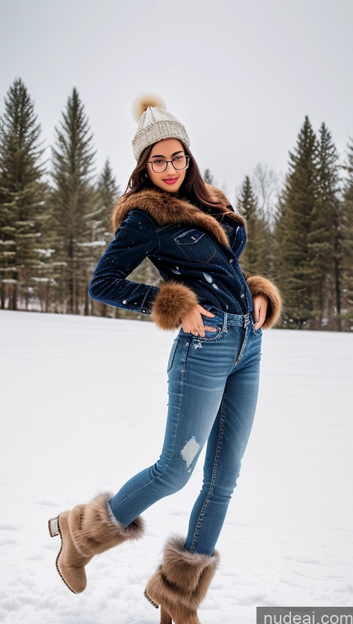 ai nude image of araffe woman in winter clothes and fur collar posing for a picture pics of One Long Legs Perfect Body 18 Seductive Brunette Straight 3d Front View Jeans Diamond Jewelry Shirt Woman Snow Jumping Boots Blouse Fur Hat Glasses Beautiful Latina