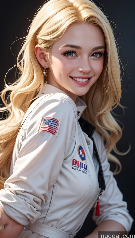 ai nude image of blond woman with blue eyes and a white jacket posing for a picture pics of 18 Happy Blonde Slicked Egyptian Race Driver