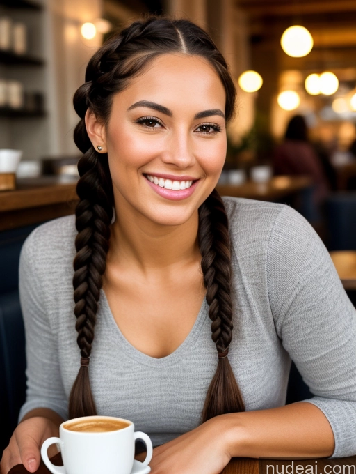 ai nude image of smiling woman with braids sitting at a table with a cup of coffee pics of Woman One Big Ass Perfect Body 20s Brunette Braided Latina Soft + Warm Cafe Close-up View Casual Dark Lighting Detailed Happy