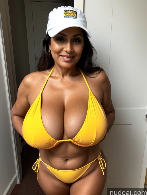 ai nude image of araffe woman in a yellow bikini and a white hat pics of Milf One Busty Huge Boobs Thick Tanned Skin Front View Microkini Thong 60s Vampire Construction Worker Maid Indian