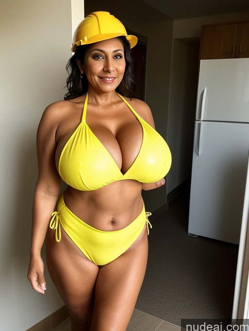 ai nude image of arafed woman in a yellow bikini and hard hat posing for a picture pics of Milf One Busty Huge Boobs Thick Tanned Skin Front View Microkini Thong 60s Vampire Construction Worker Maid Indian