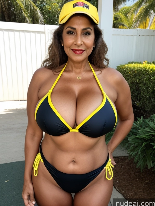 ai nude image of arafed woman in a bikini and a baseball cap posing for a picture pics of Milf One Busty Huge Boobs Thick Tanned Skin Front View Microkini Thong Construction Worker Waitress 70s Vampire Indian