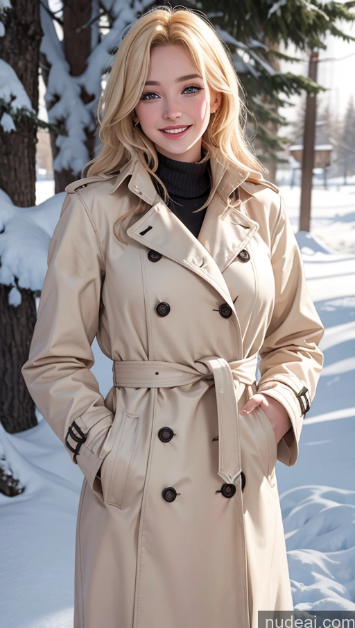 ai nude image of blond woman in a trench coat posing for a picture in the snow pics of Busty 18 Happy Blonde Slicked Egyptian Trench Coat Snow