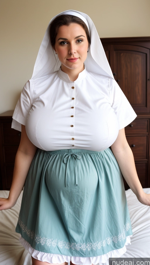 ai nude image of arafed woman in a white shirt and blue skirt posing on a bed pics of Huge Boobs Big Ass Thick Beautiful Busty Perfect Boobs Big Hips Pubic Hair Fairer Skin Perfect Body Dirndl Cleavage British 60s White Hair Messy Western Nun Sad Pregnant