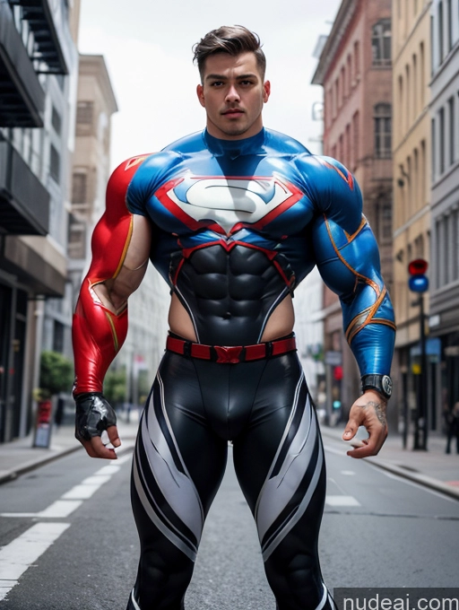 ai nude image of arafed man in a superman costume standing on a city street pics of Cyborg Superhero Street Muscular Thick