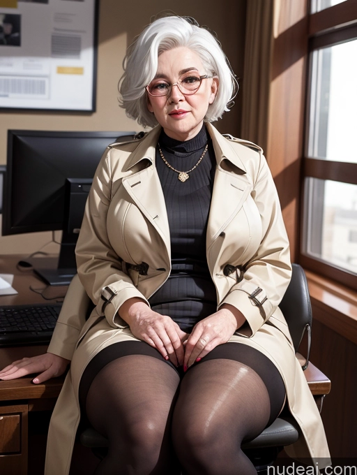 ai nude image of there is a woman sitting at a desk with a computer pics of White Hair 80s Fat Office Stockings Trench Coat